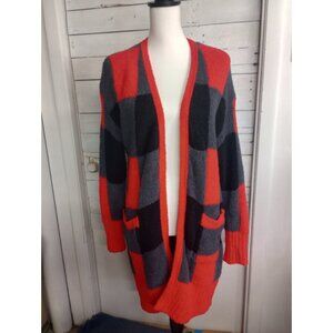 Warm And Cozy Brand Open Front Cardigan Long Size Large Red Black Gray Pockets
